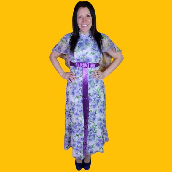 Vintage 60s 70s Purple Floral Chiffon Maxi Dress with Capelet - Picture 2 of 4